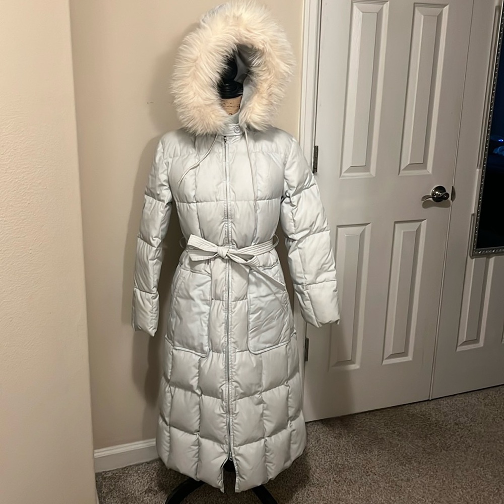 Cabela’s long down coat with fox fur trim